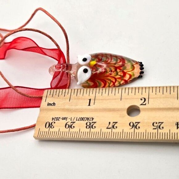 Hand Blown Art Glass Owl Set 17" Ribbon and Cord Necklace Dangle Hook Earrings - Picture 7 of 7